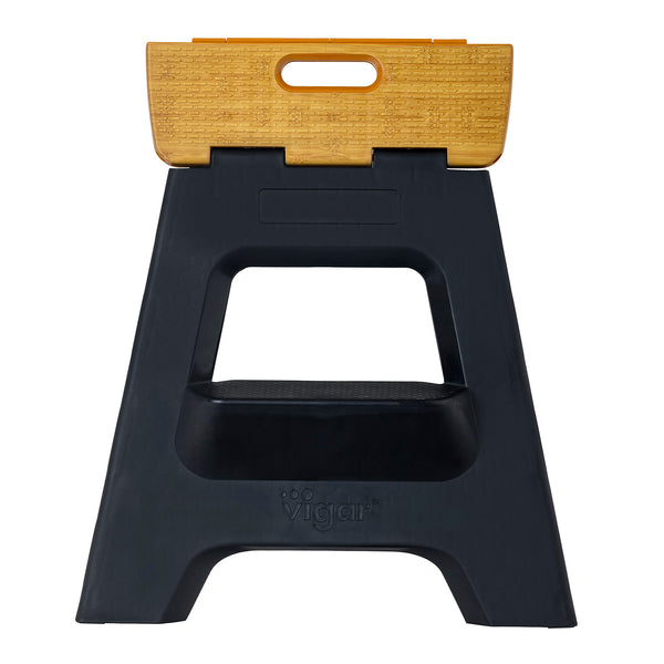 Compact 2 Step Bamboo On Top Black Foldable 40cm Stool