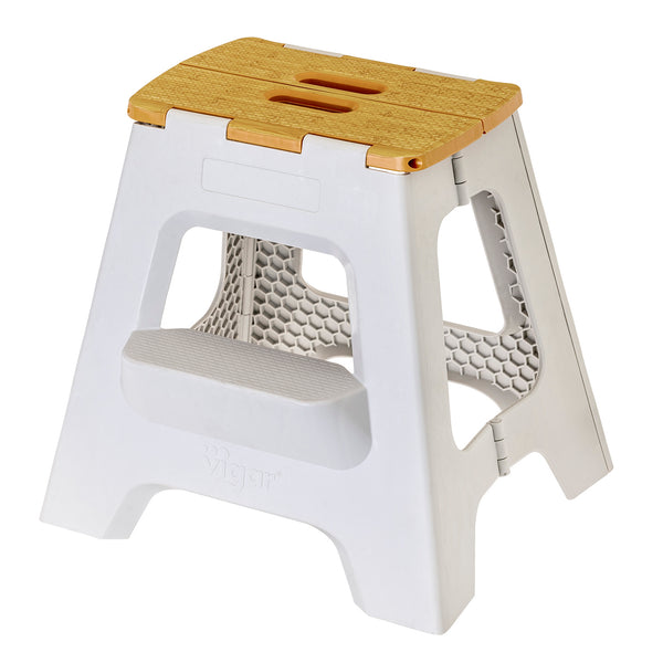 Compact 2 Step Bamboo On Top White Foldable 40cm Stool