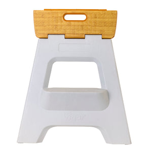Compact 2 Step Bamboo On Top White Foldable 40cm Stool