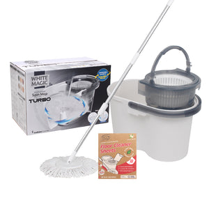 White Magic Turbo Spin Mop Hand Press - With 20 pcs Cleaning Sheets