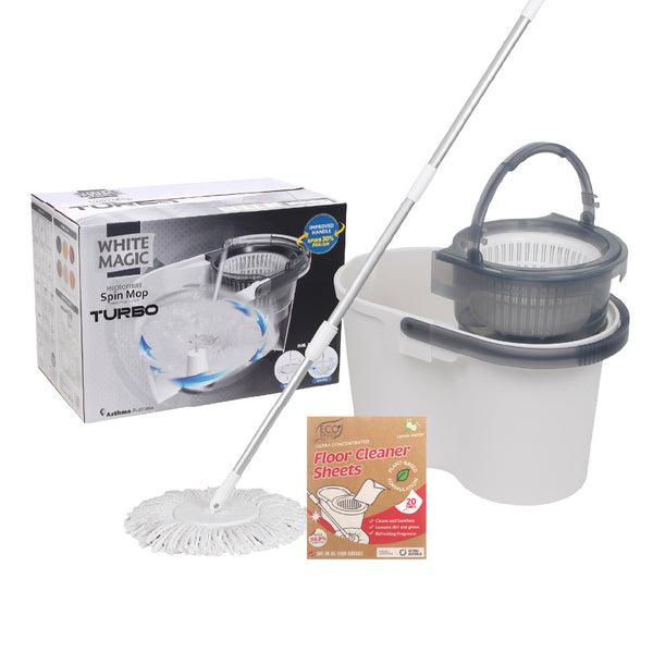 White Magic Turbo Spin Mop Hand Press - With 20 pcs Cleaning Sheets